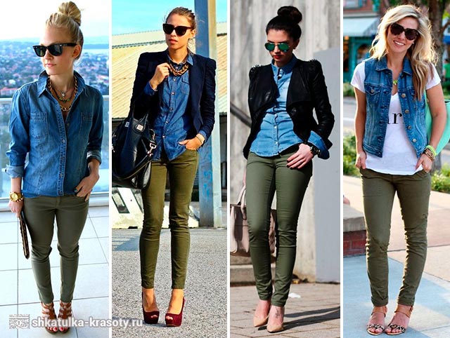 зеленые брюки с чем носить