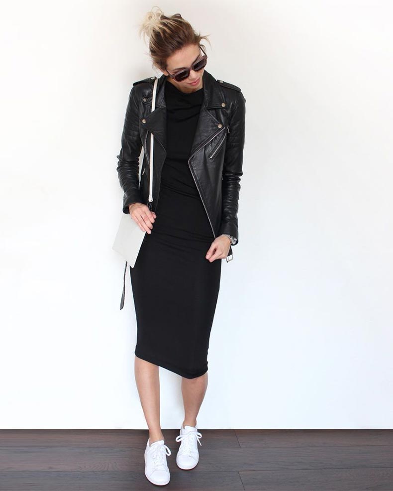 Черное платье с кроссовками (кедами) - фото, обазы